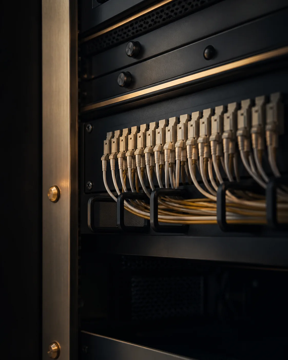 Brushed-brass superyacht equipment rack with LC fibre patch panel under warm rim light